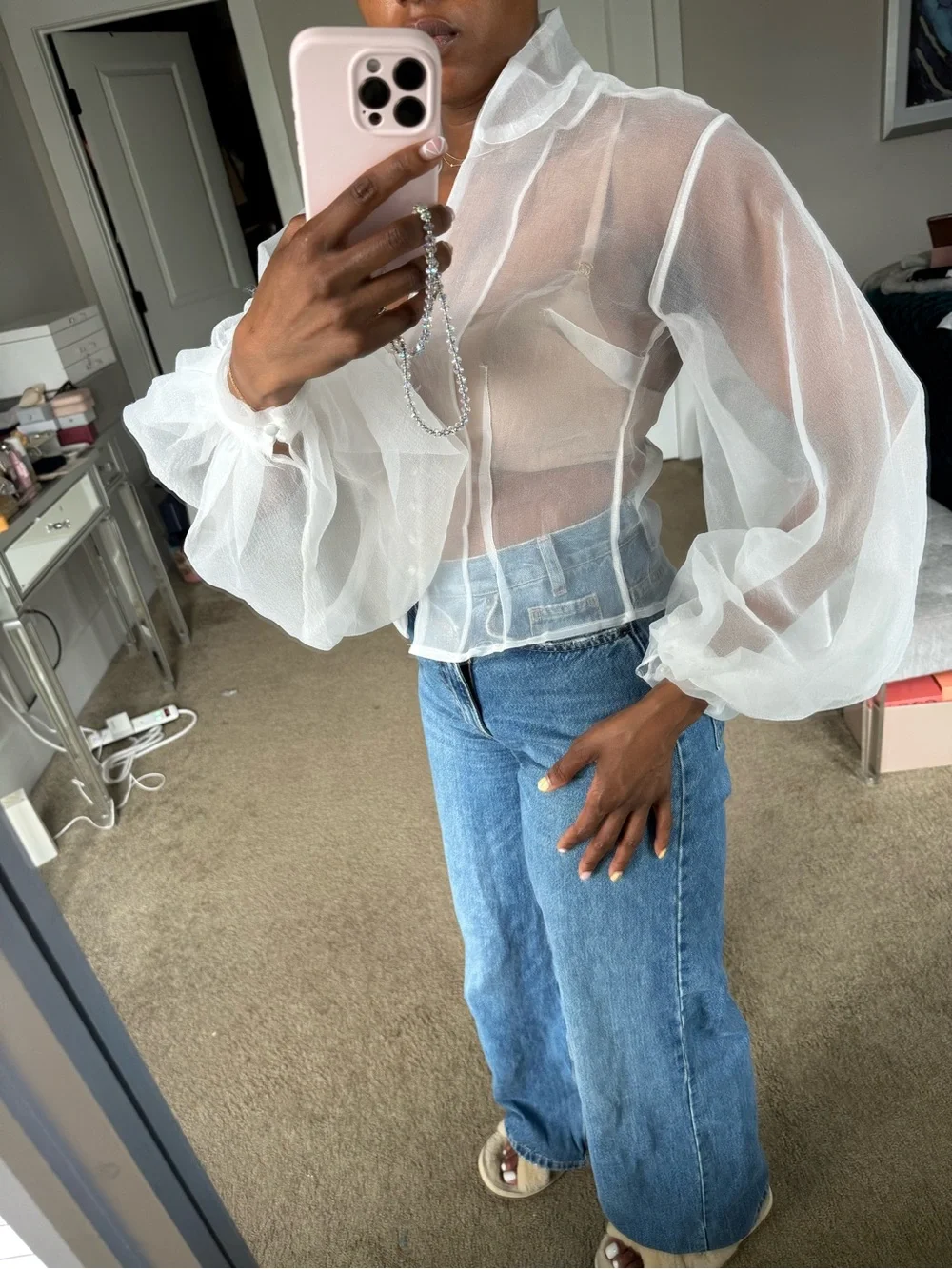 Balloon sleeve white sheer blouse - Picture 4 of 8